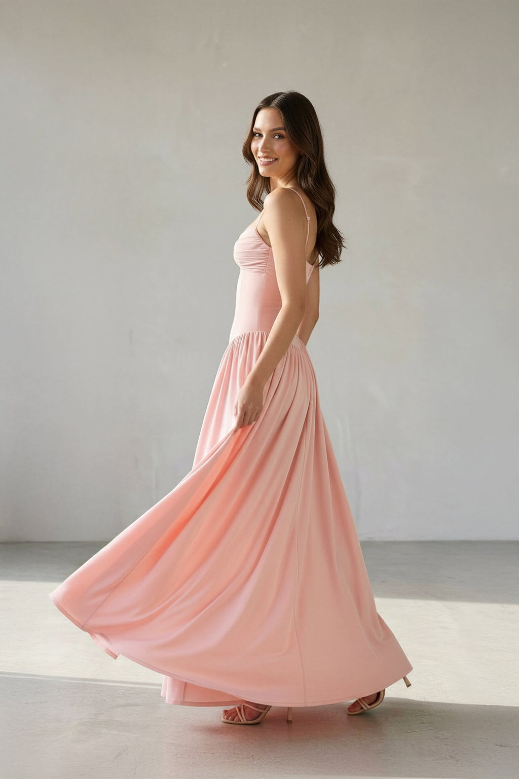 Ruched Spaghetti Straps Maxi Dress in Pink