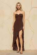 Ruffled High-Low Maxi Dress in Brown