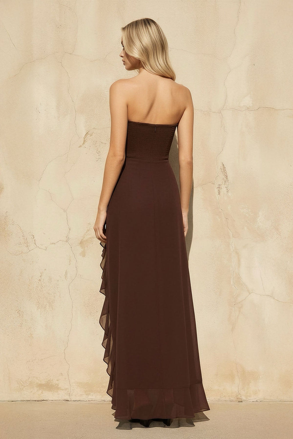 Ruffled High-Low Maxi Dress in Brown