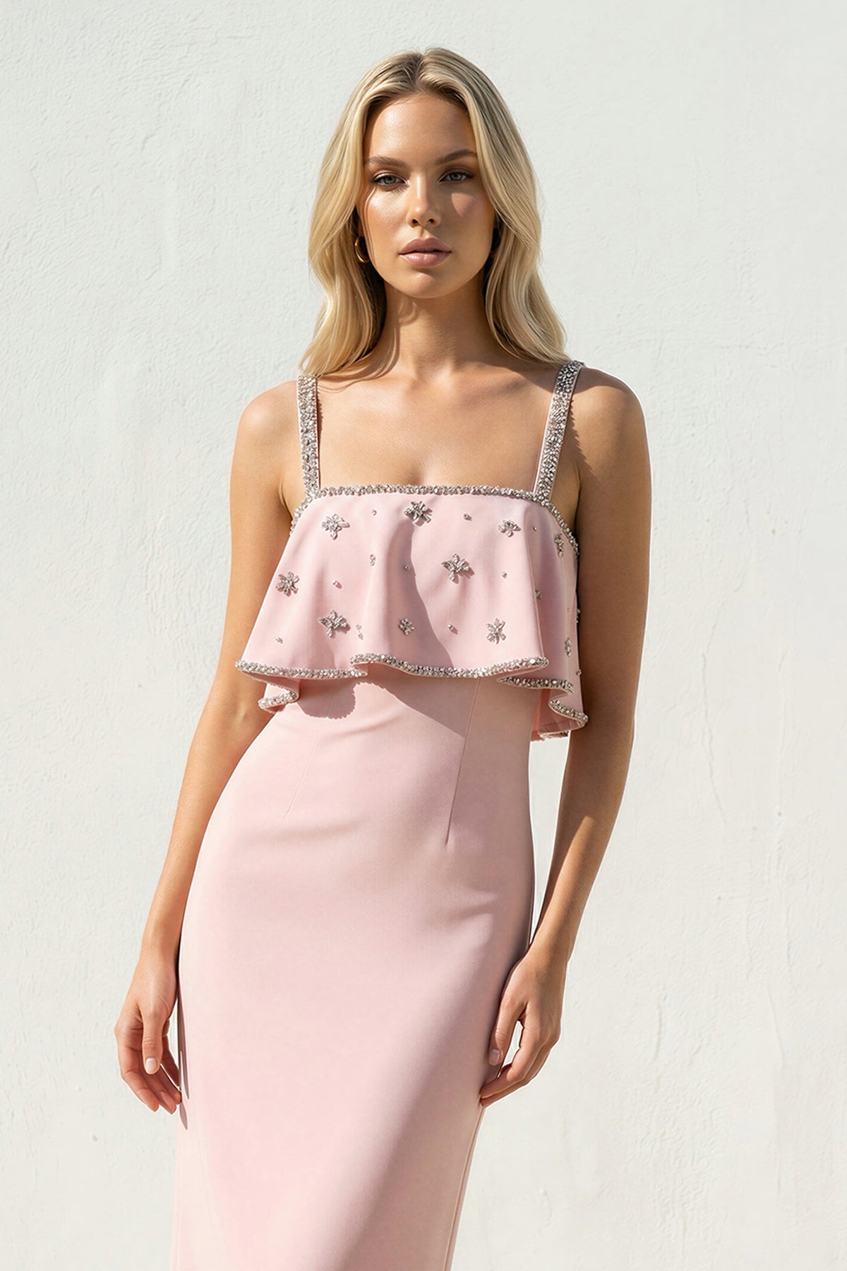 Ruffled Maxi Dress With Beading in Pink