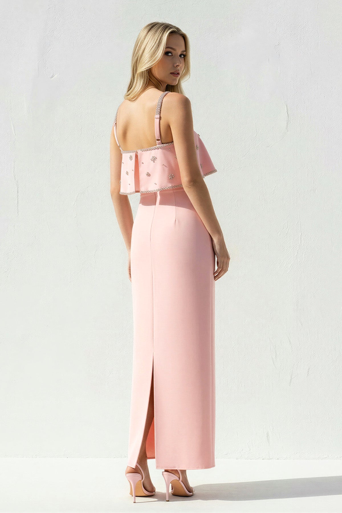 Ruffled Maxi Dress With Beading in Pink