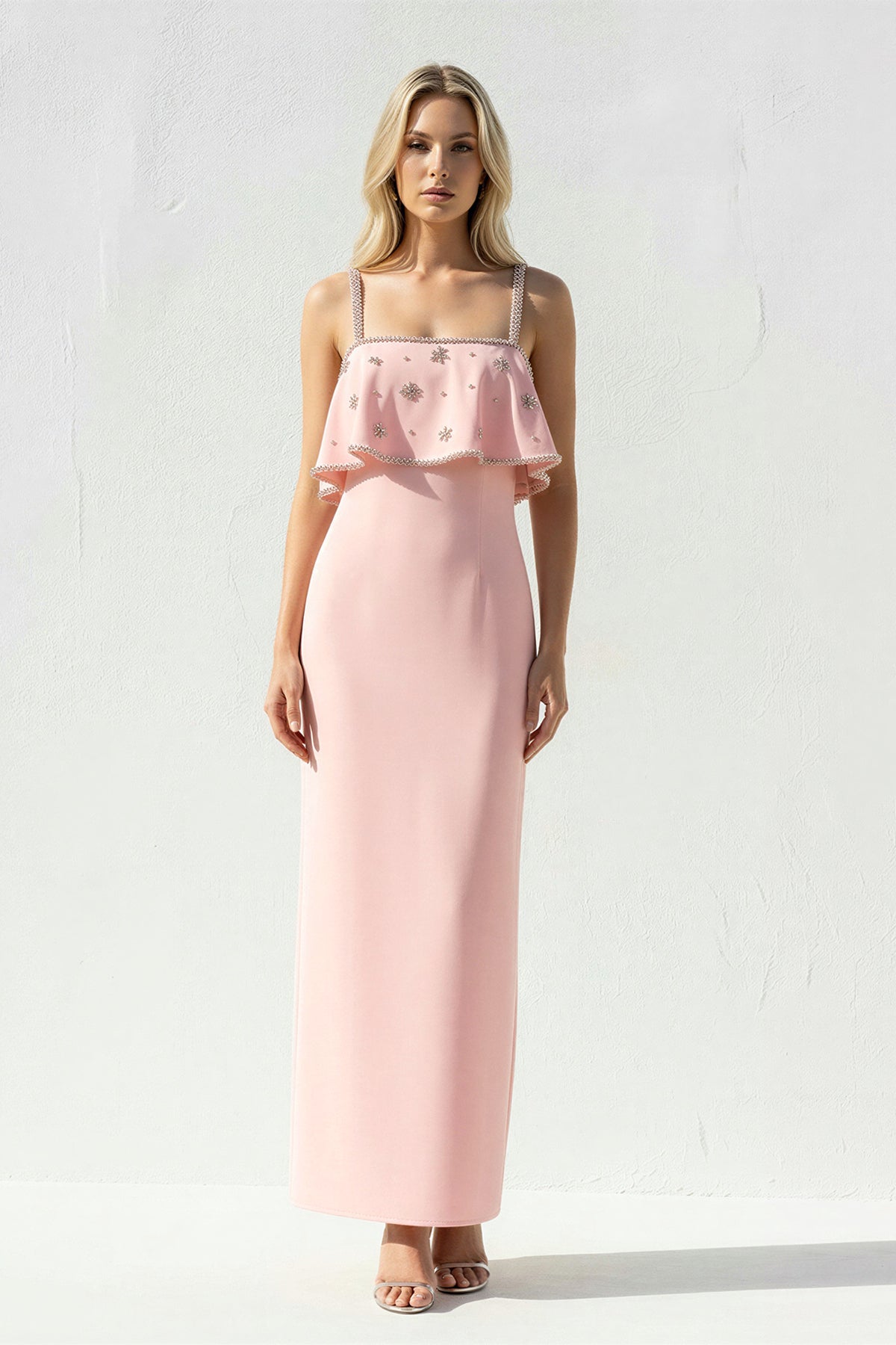Ruffled Maxi Dress With Beading in Pink