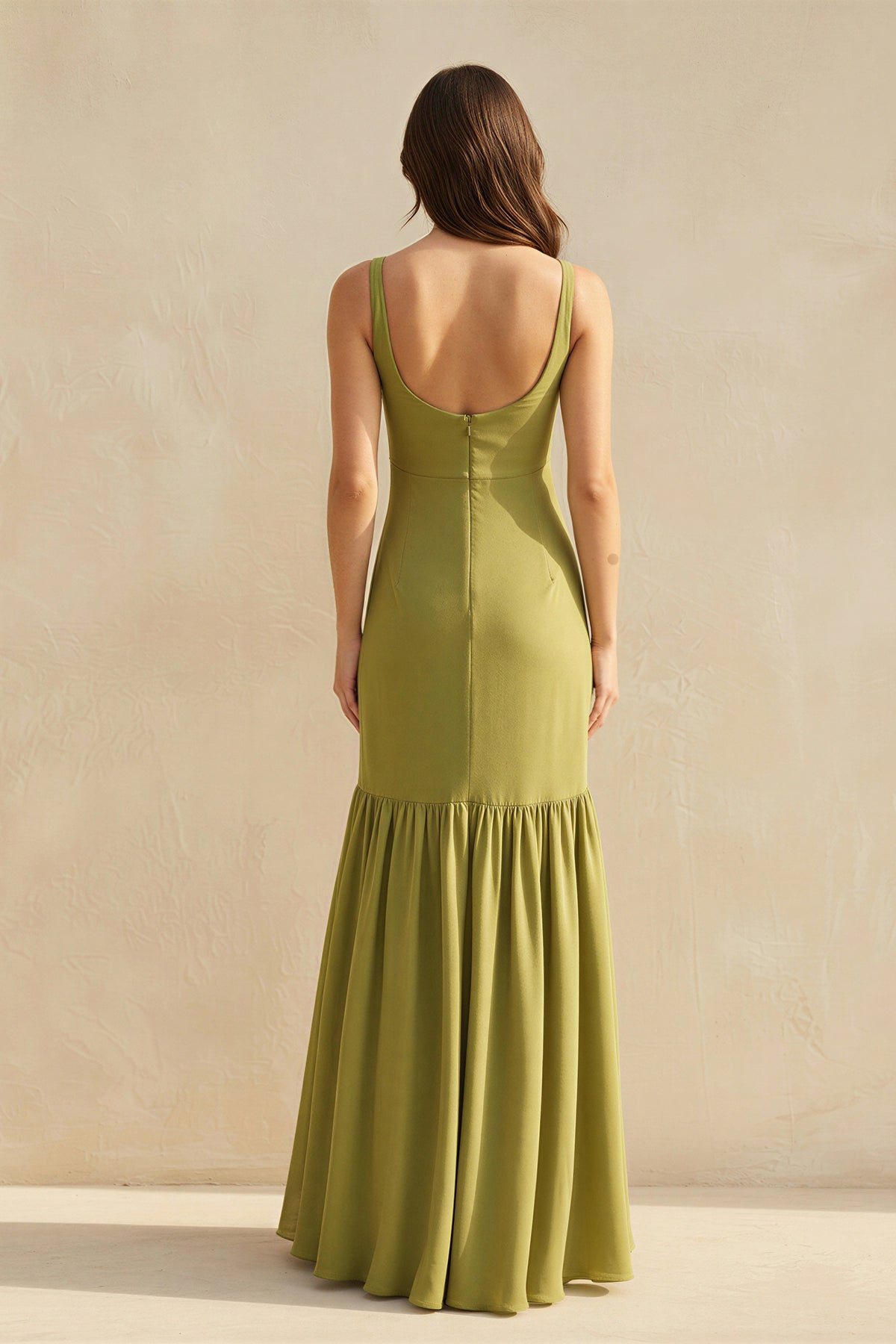 Ruffled Maxi Dress With Flower in Olive