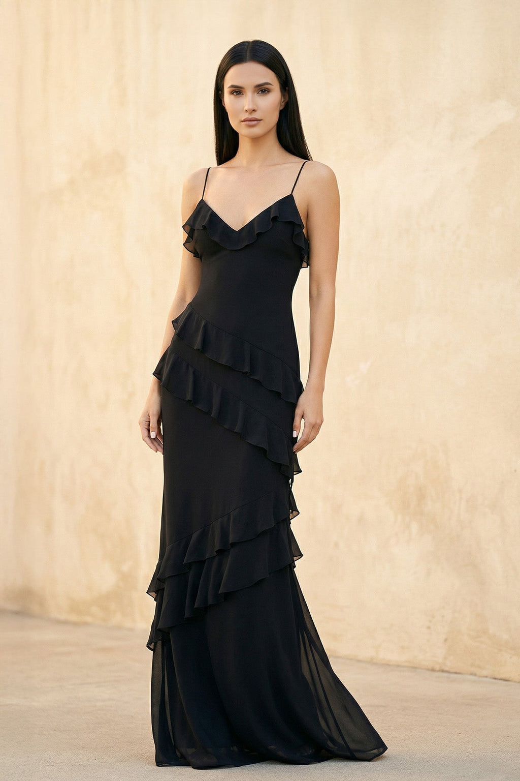 Ruffled Spaghetti Straps Gown in Black