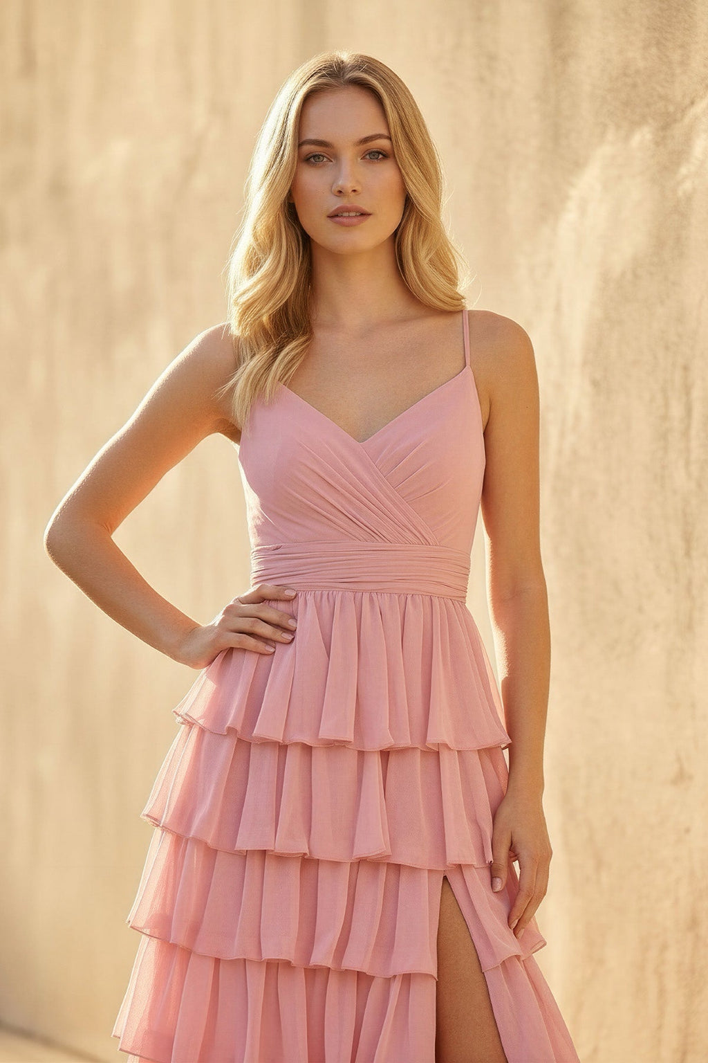 Ruffled Spaghetti Straps Maxi Dress in Pink