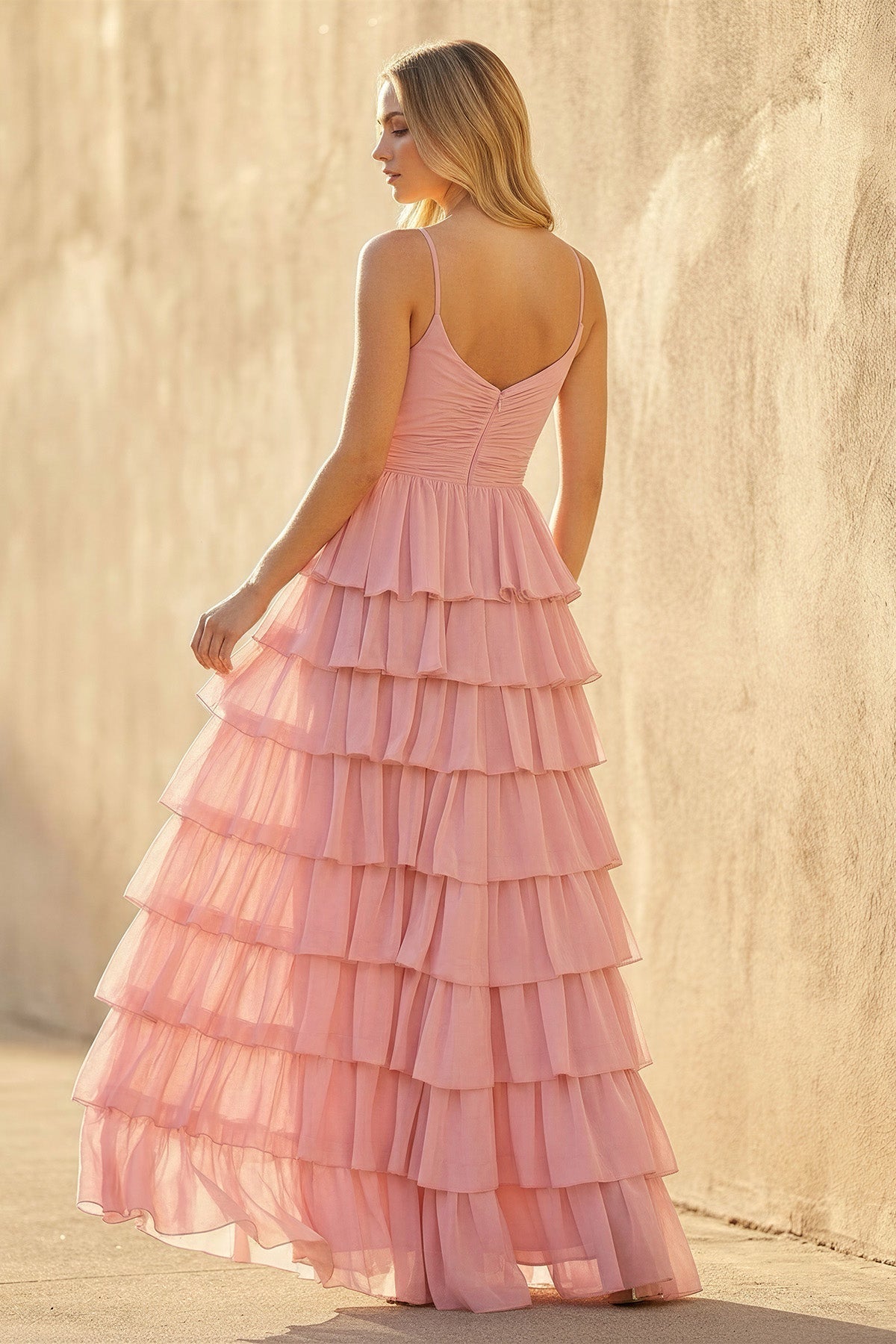 Ruffled Spaghetti Straps Maxi Dress in Pink