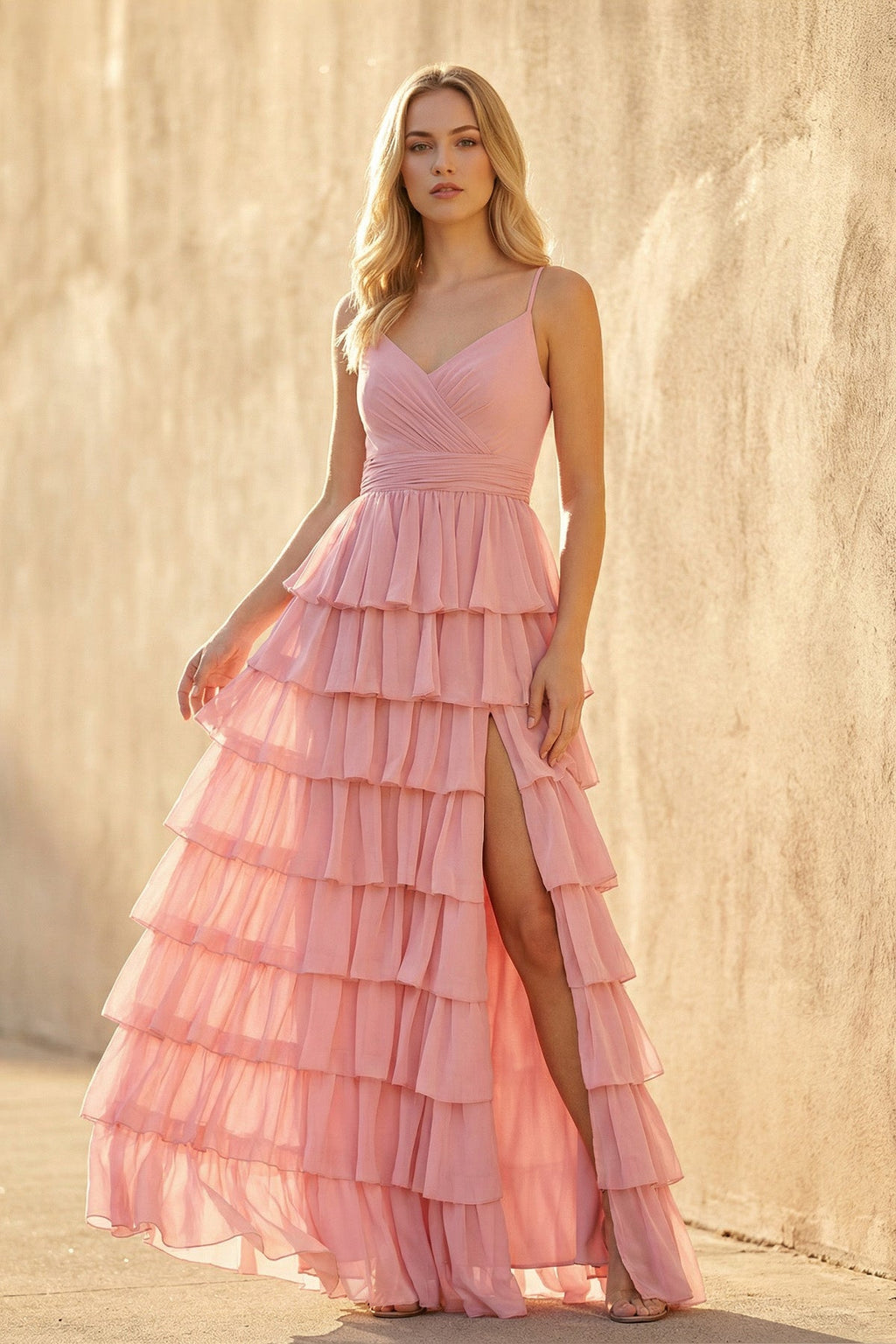 Ruffled Spaghetti Straps Maxi Dress in Pink