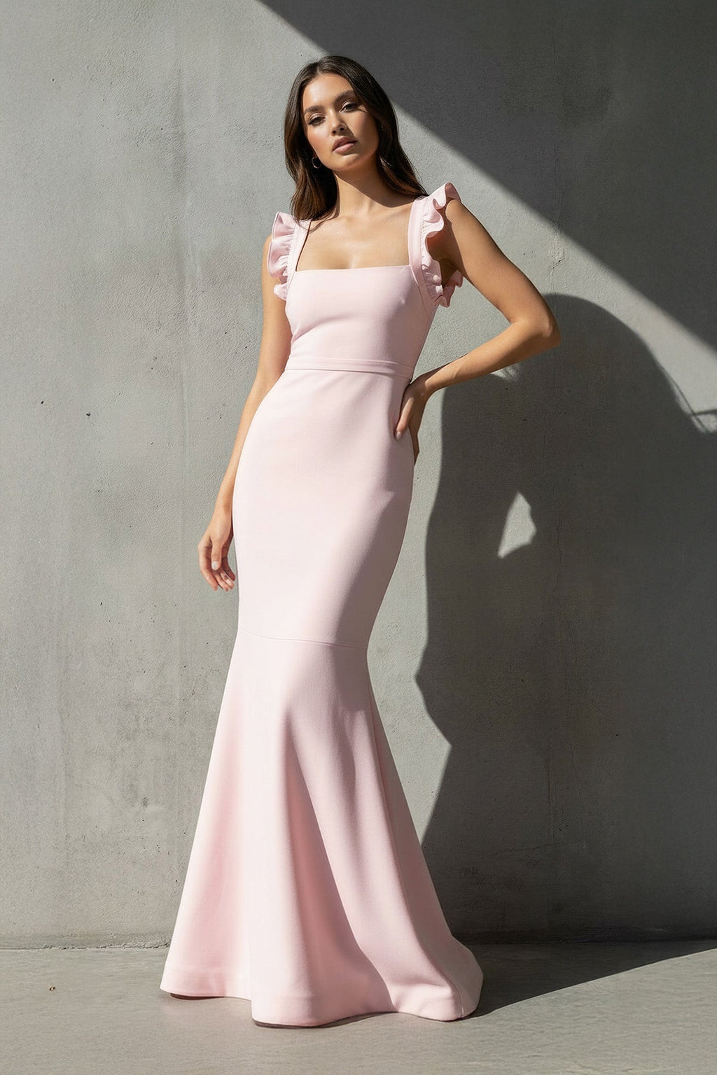 Ruffled Straps Mermaid Gown in Pink