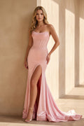 Scoop Neck Beaded Prom Dress With Slit in Pink