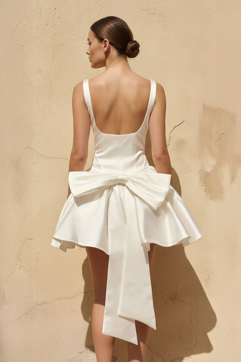 Scoop Neck Bow-Back Mini Dress in Ivory