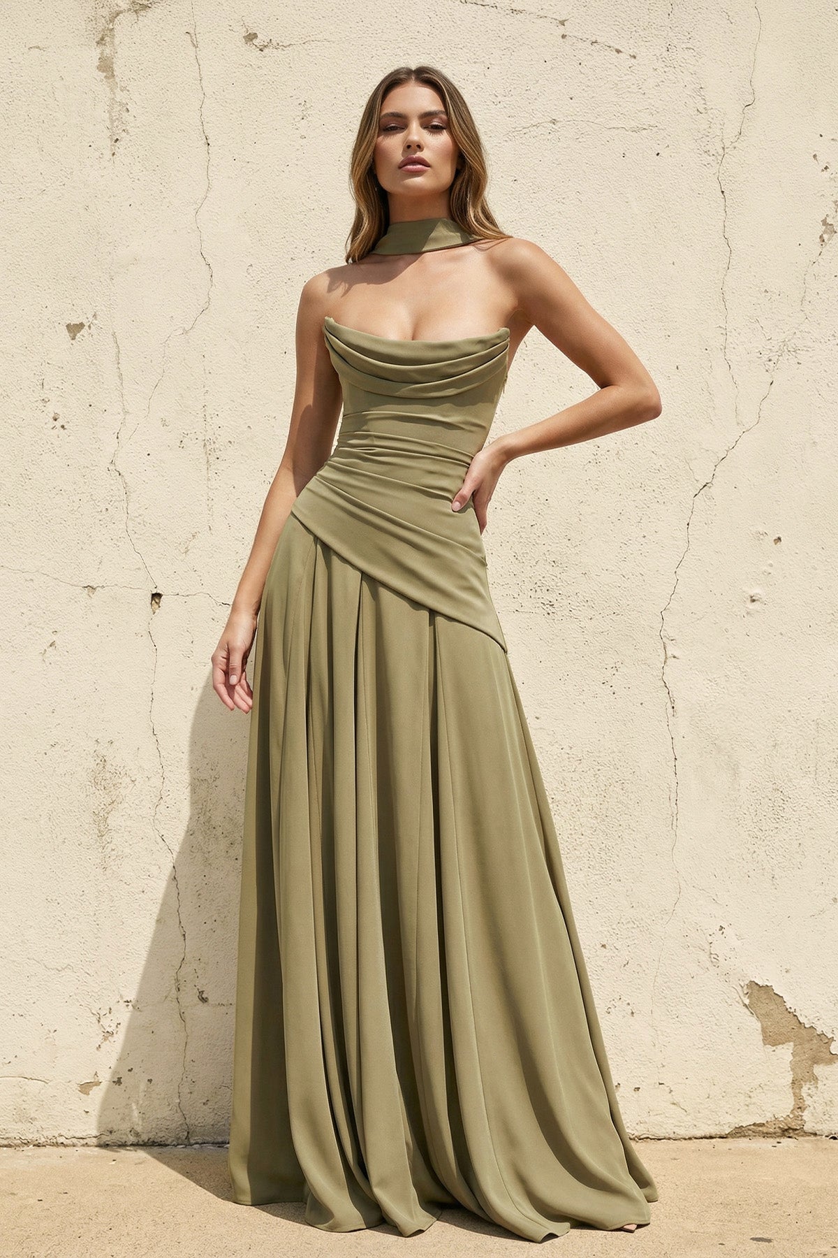 Scoop Neck Corset Gown with Scarf in Olive