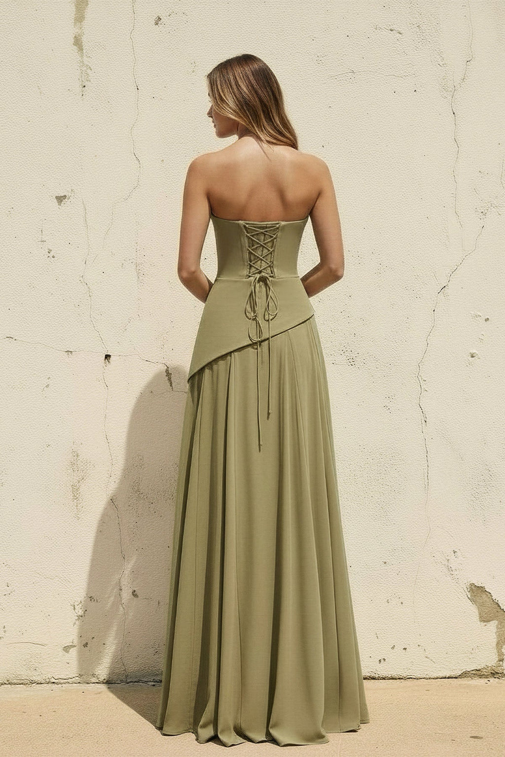 Scoop Neck Corset Gown with Scarf in Olive