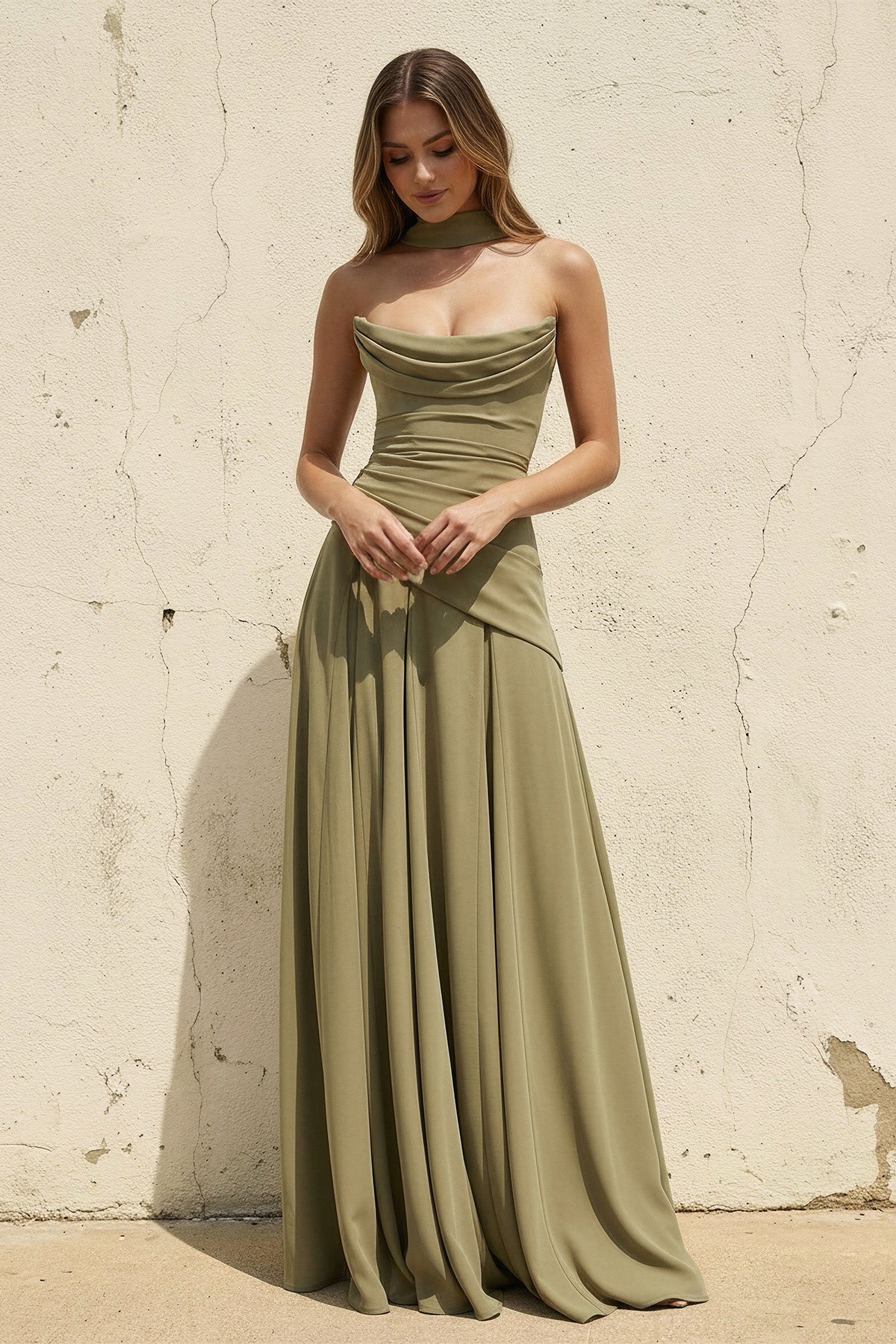 Scoop Neck Corset Gown with Scarf in Olive