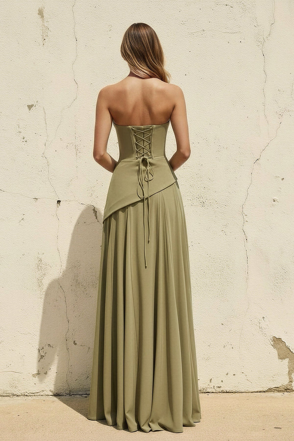Scoop Neck Corset Gown with Scarf in Olive