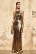Sequins Halter Backless Maxi Dress in Gold