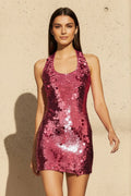 Sequins Halter Open Back Mini Dress in Fuchsia