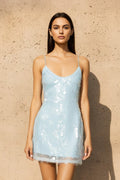 Sequins Mesh Spaghetti Straps Mini Dress in Sky Blue