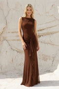 Sheath Ruched Front Draped Maxi Dress in Brown