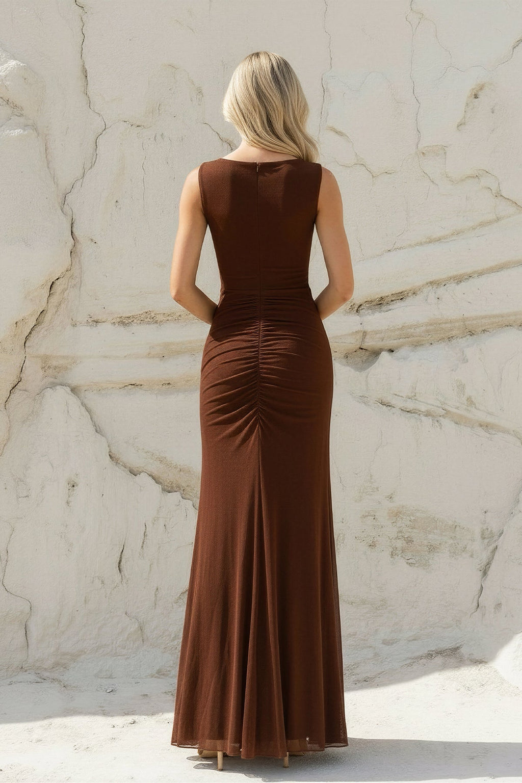 Sheath Ruched Front Draped Maxi Dress in Brown