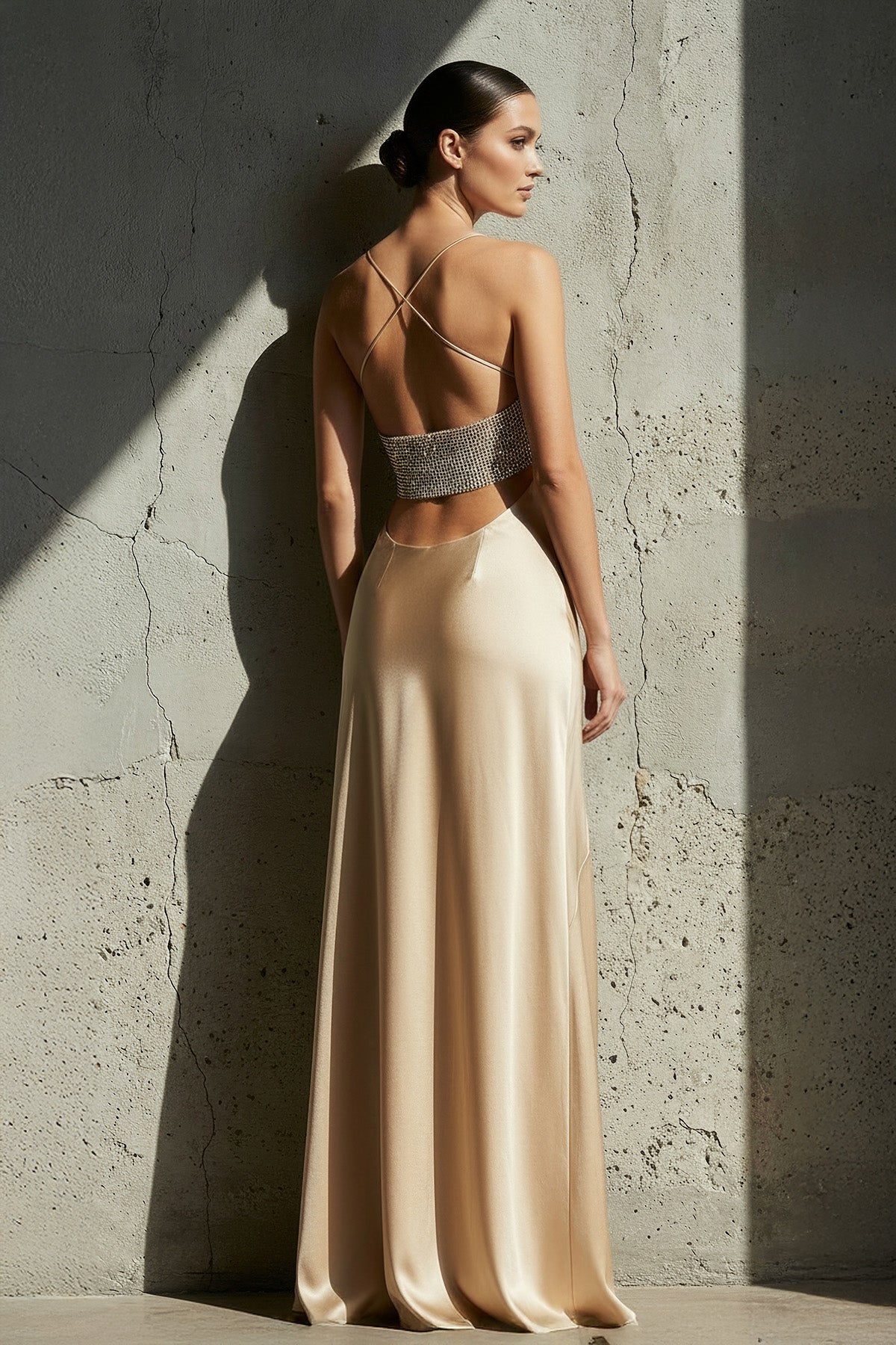 Spaghetti Straps Beaded Gown With Slit in Champagne