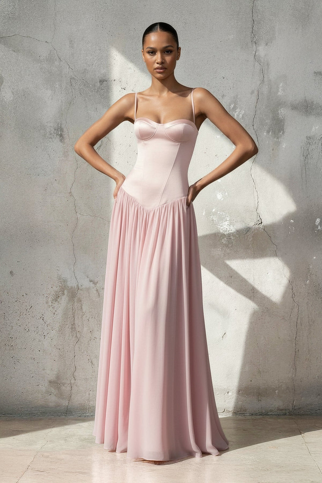 Spaghetti Straps Corset Pleated Maxi Dress in Pink