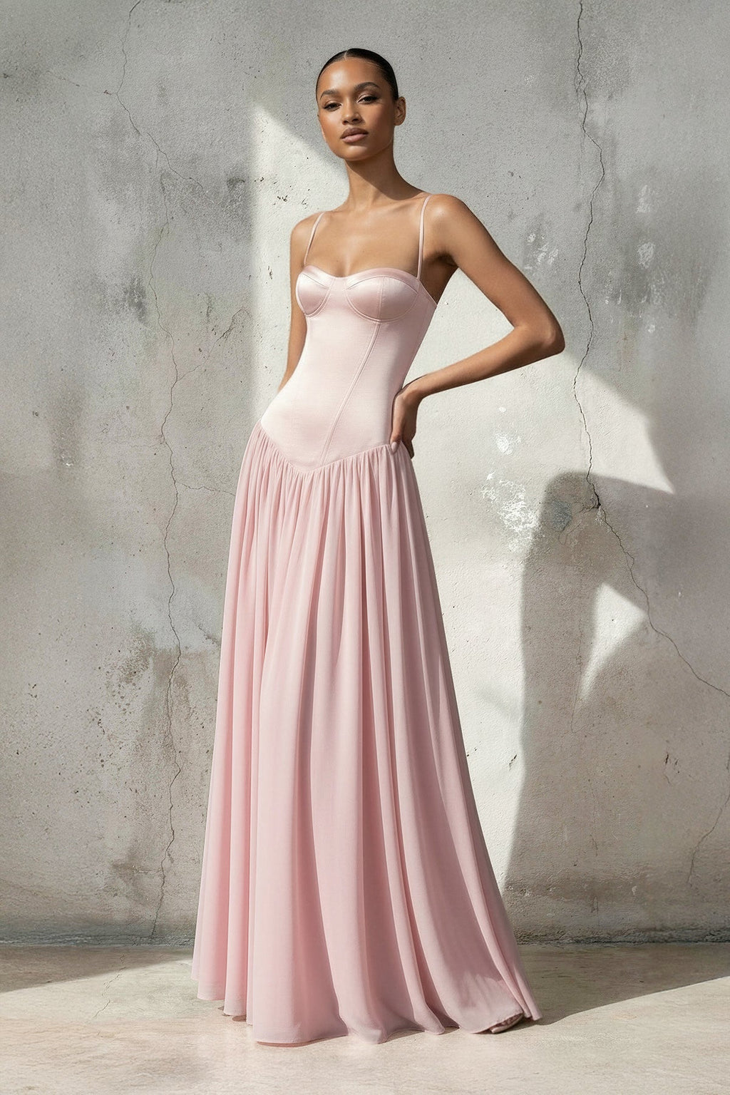 Spaghetti Straps Corset Pleated Maxi Dress in Pink