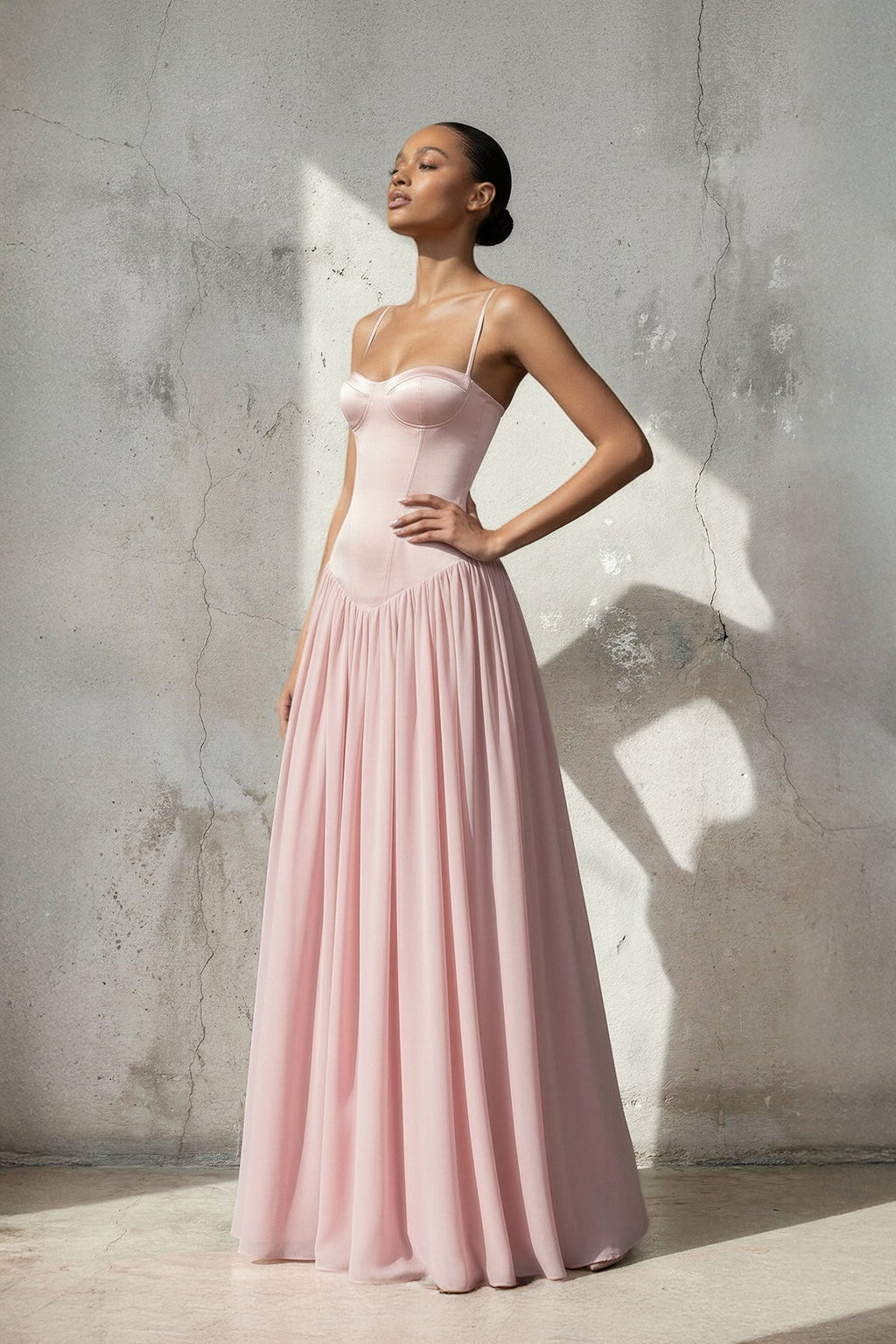 Spaghetti Straps Corset Pleated Maxi Dress in Pink