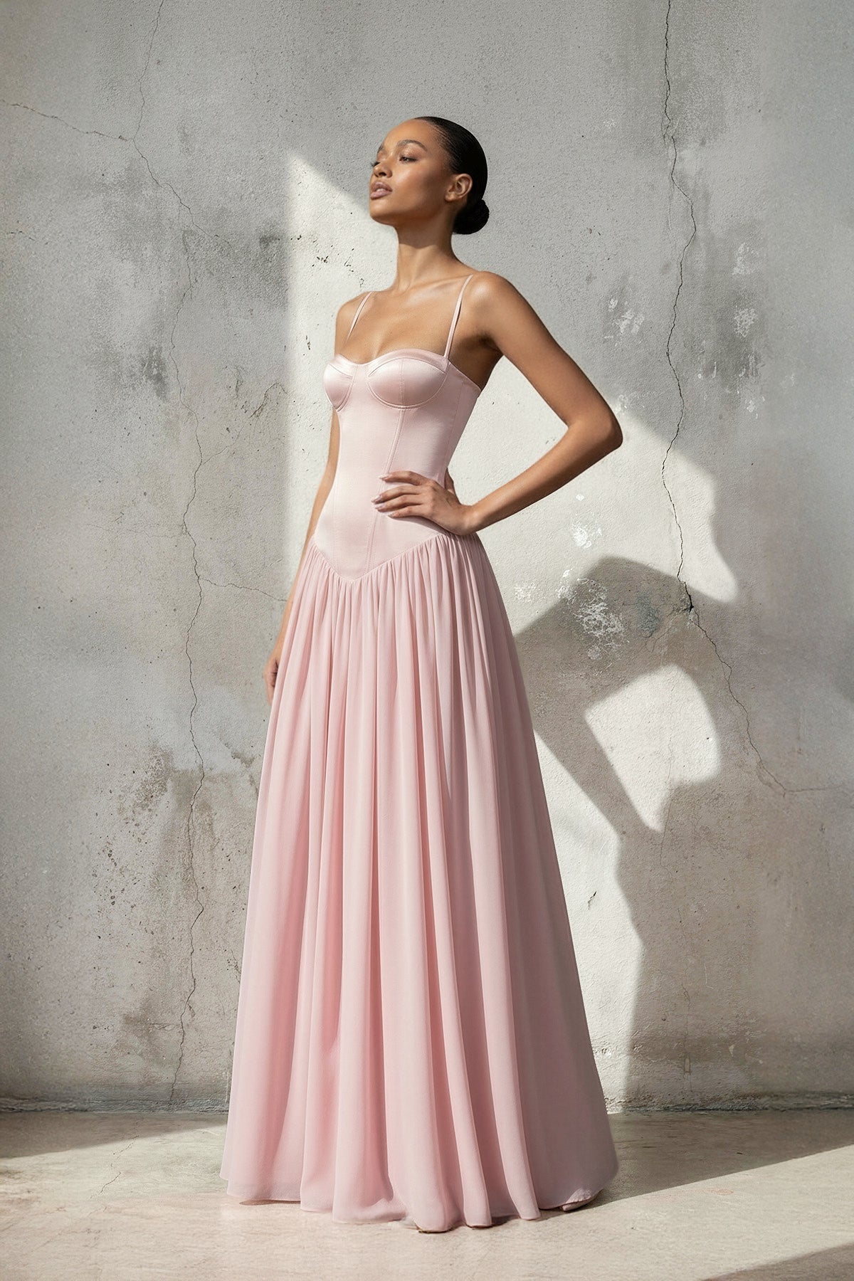 Spaghetti Straps Corset Pleated Maxi Dress in Pink