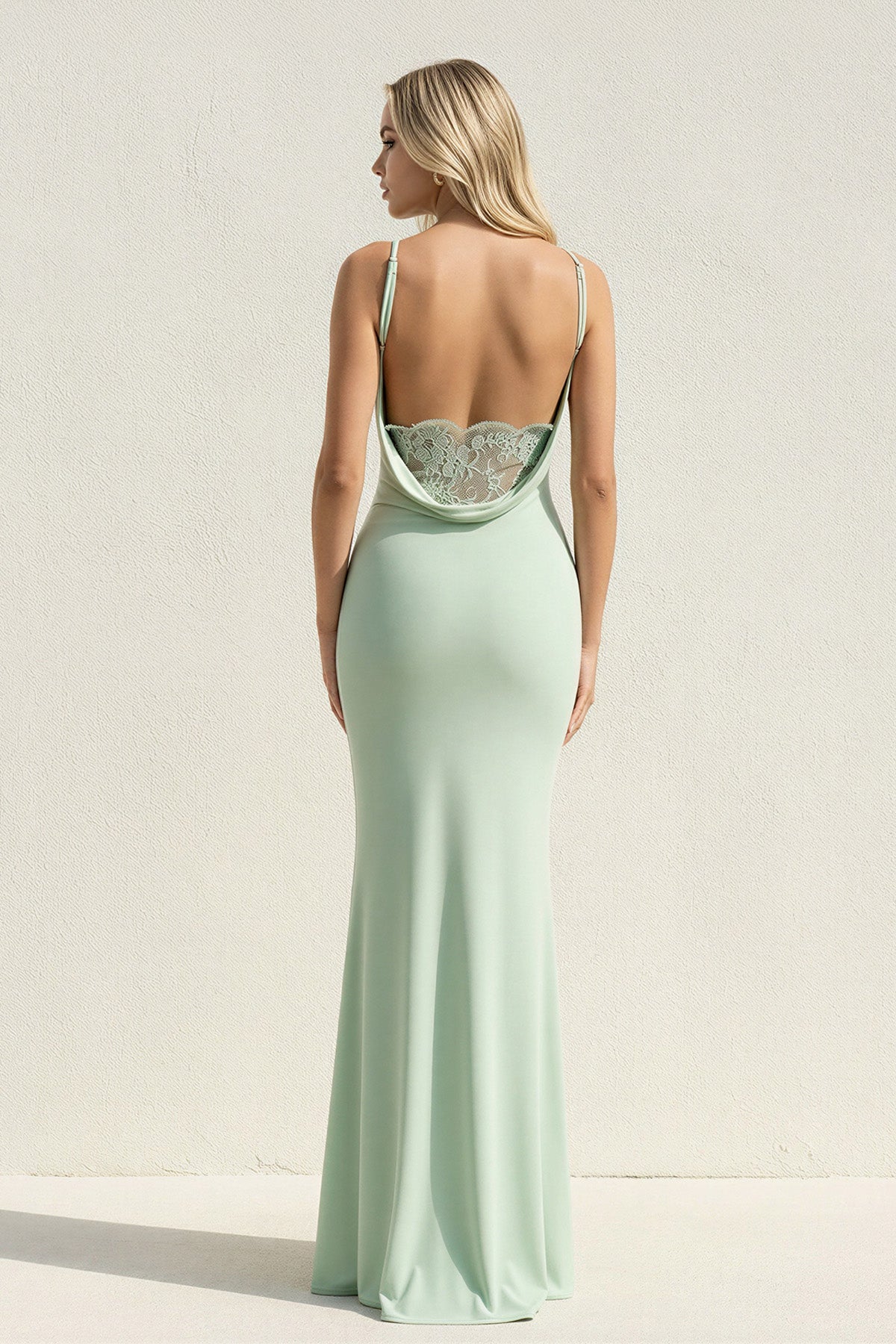 Spaghetti Straps Maxi Dress With Lace in Mint Green