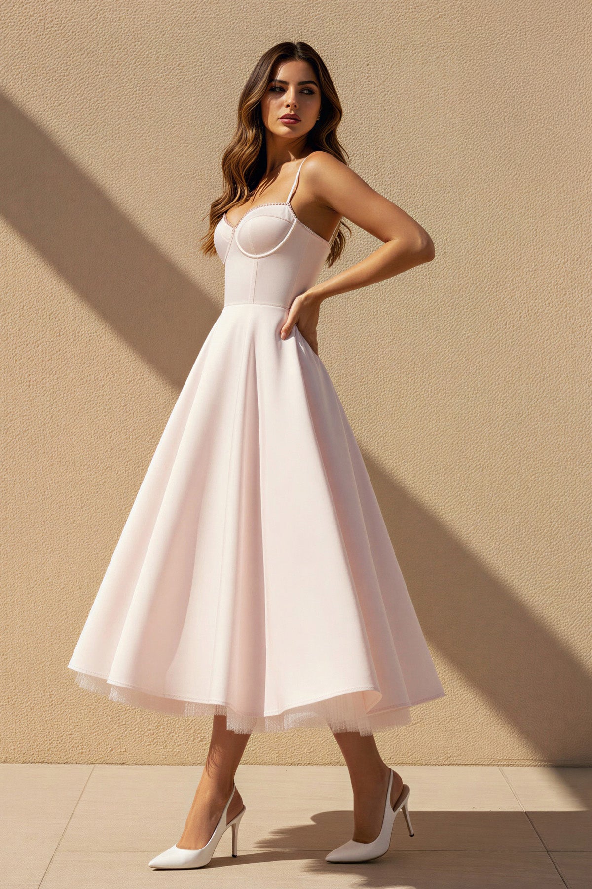 Spaghetti Straps Midi Dress With Lace-Trim in Blush