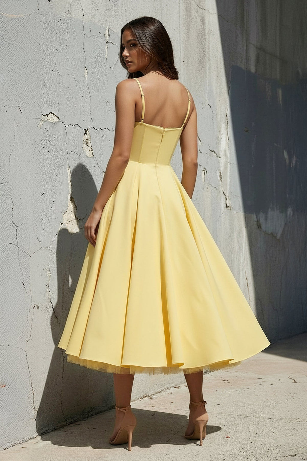 Spaghetti Straps Midi Dress With Lace-Trim in Yellow