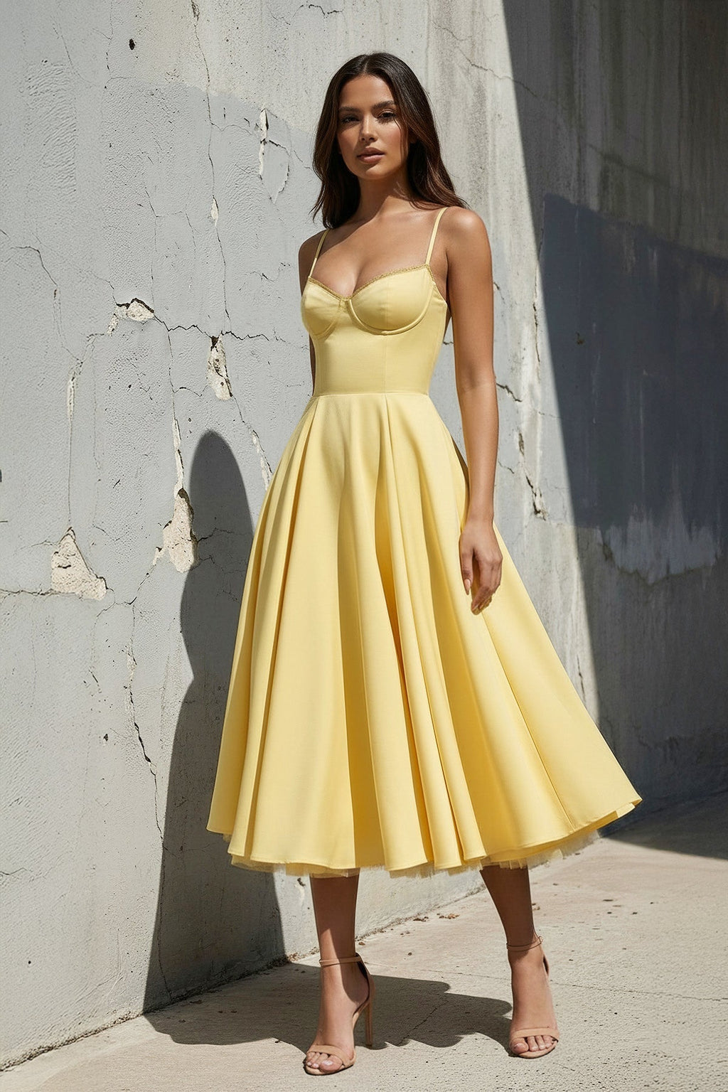 Spaghetti Straps Midi Dress With Lace-Trim in Yellow