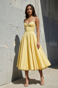 Spaghetti Straps Midi Dress With Lace-Trim in Yellow