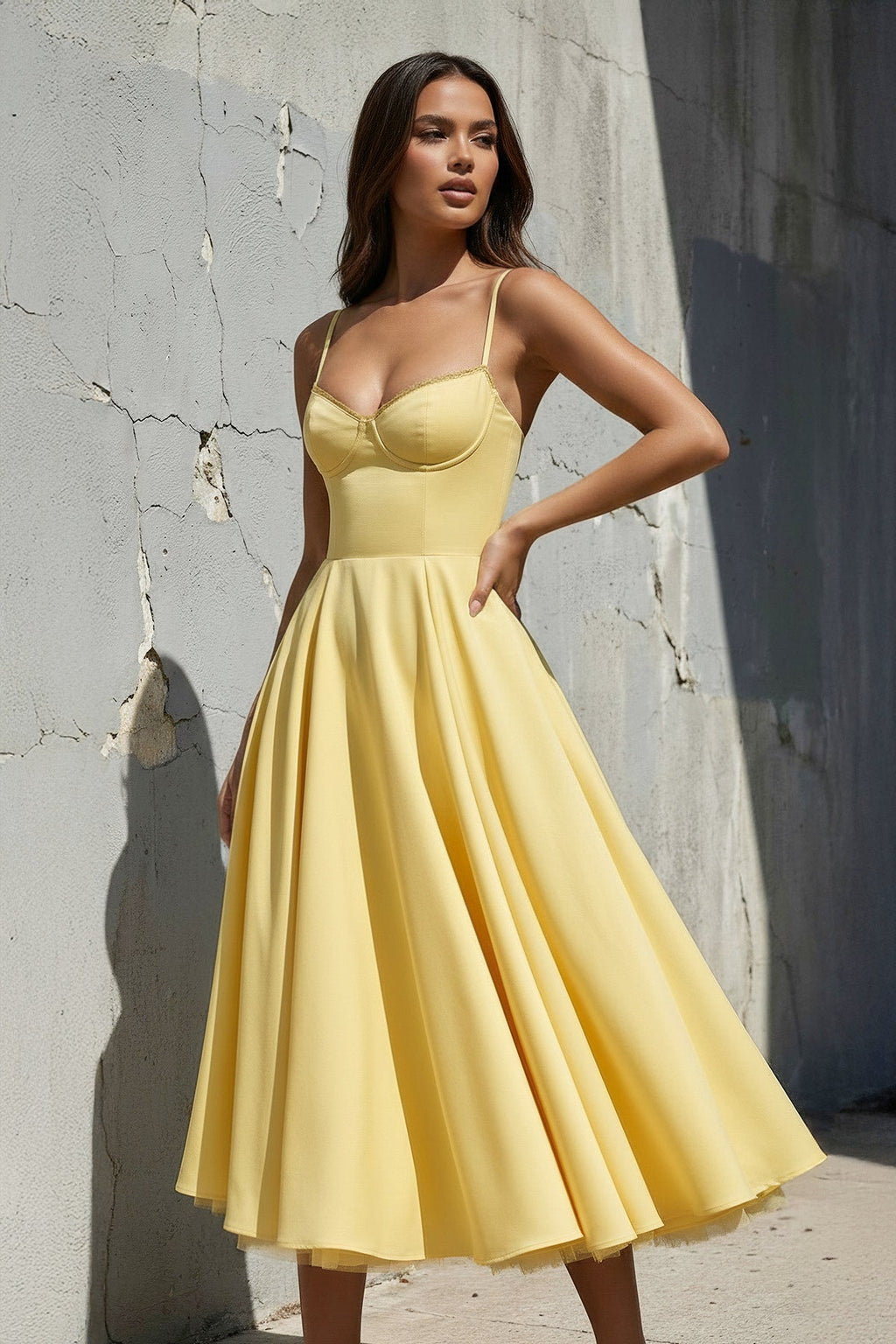 Spaghetti Straps Midi Dress With Lace-Trim in Yellow