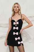 Spaghetti Straps Mini Dress With Bow in Black and Pink