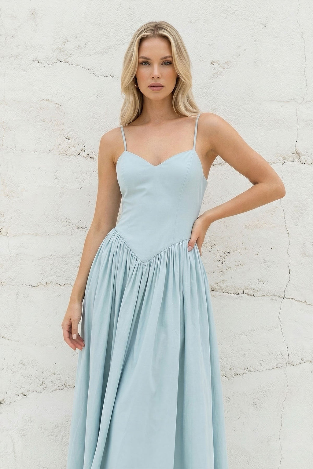 Spaghetti Straps Pleated Maxi Dress in Sky Blue