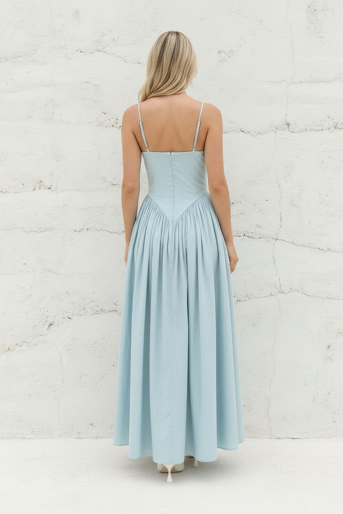 Spaghetti Straps Pleated Maxi Dress in Sky Blue