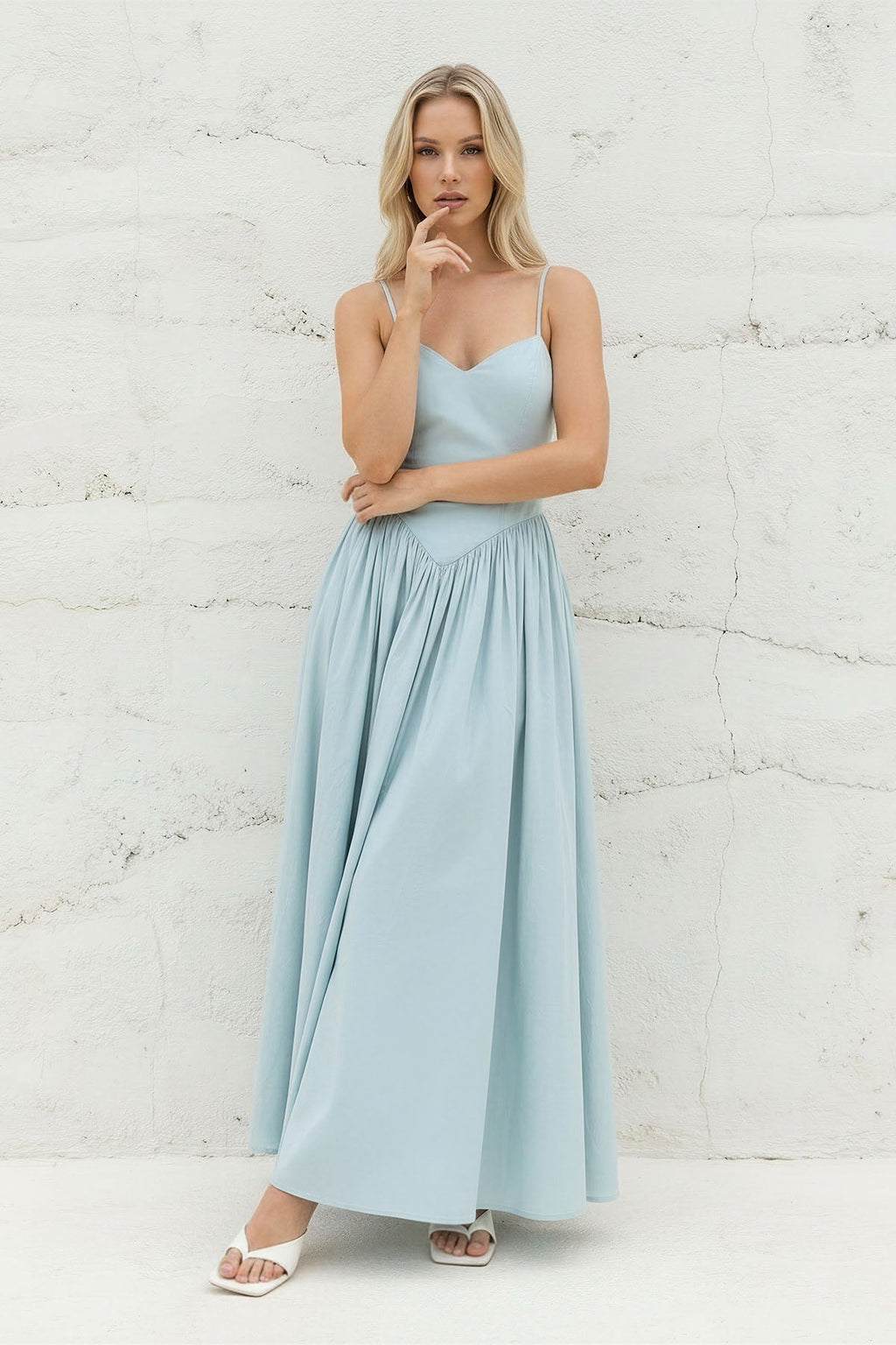 Spaghetti Straps Pleated Maxi Dress in Sky Blue