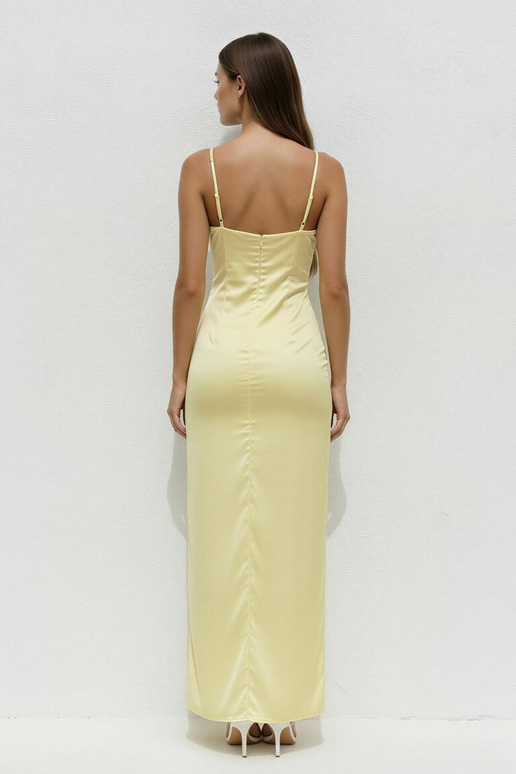 Spaghetti Straps Pleated Midi Dress With Slit in Yellow