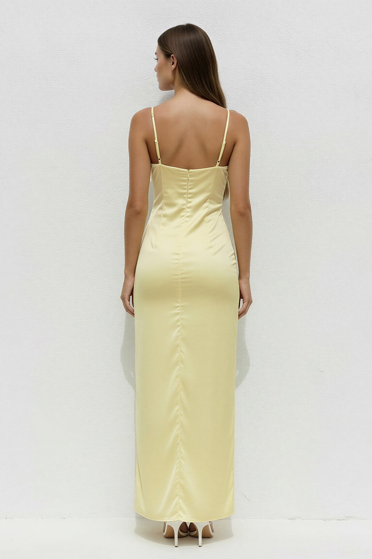 Spaghetti Straps Pleated Midi Dress With Slit in Yellow
