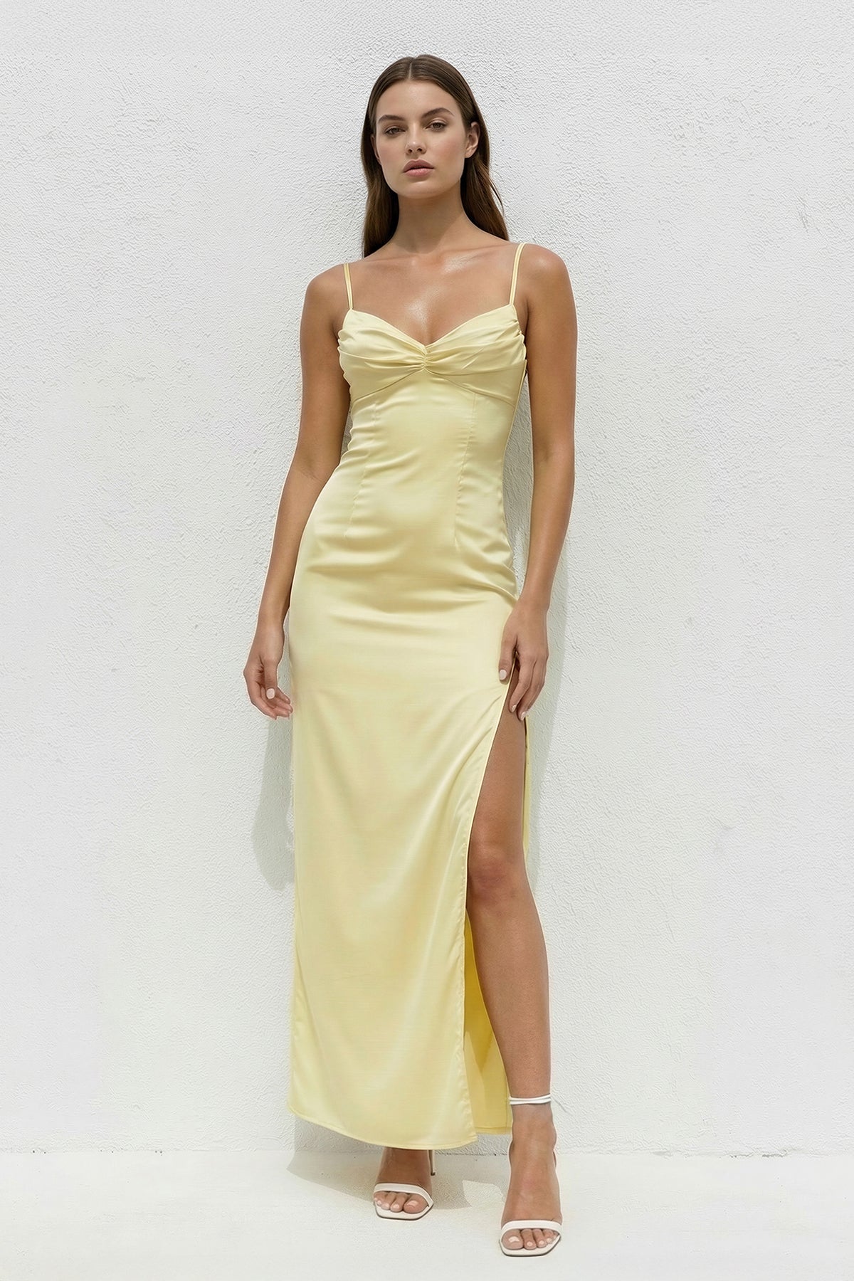 Spaghetti Straps Pleated Midi Dress With Slit in Yellow