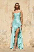 Spaghetti Straps Ruched Maxi Dress in Aqua