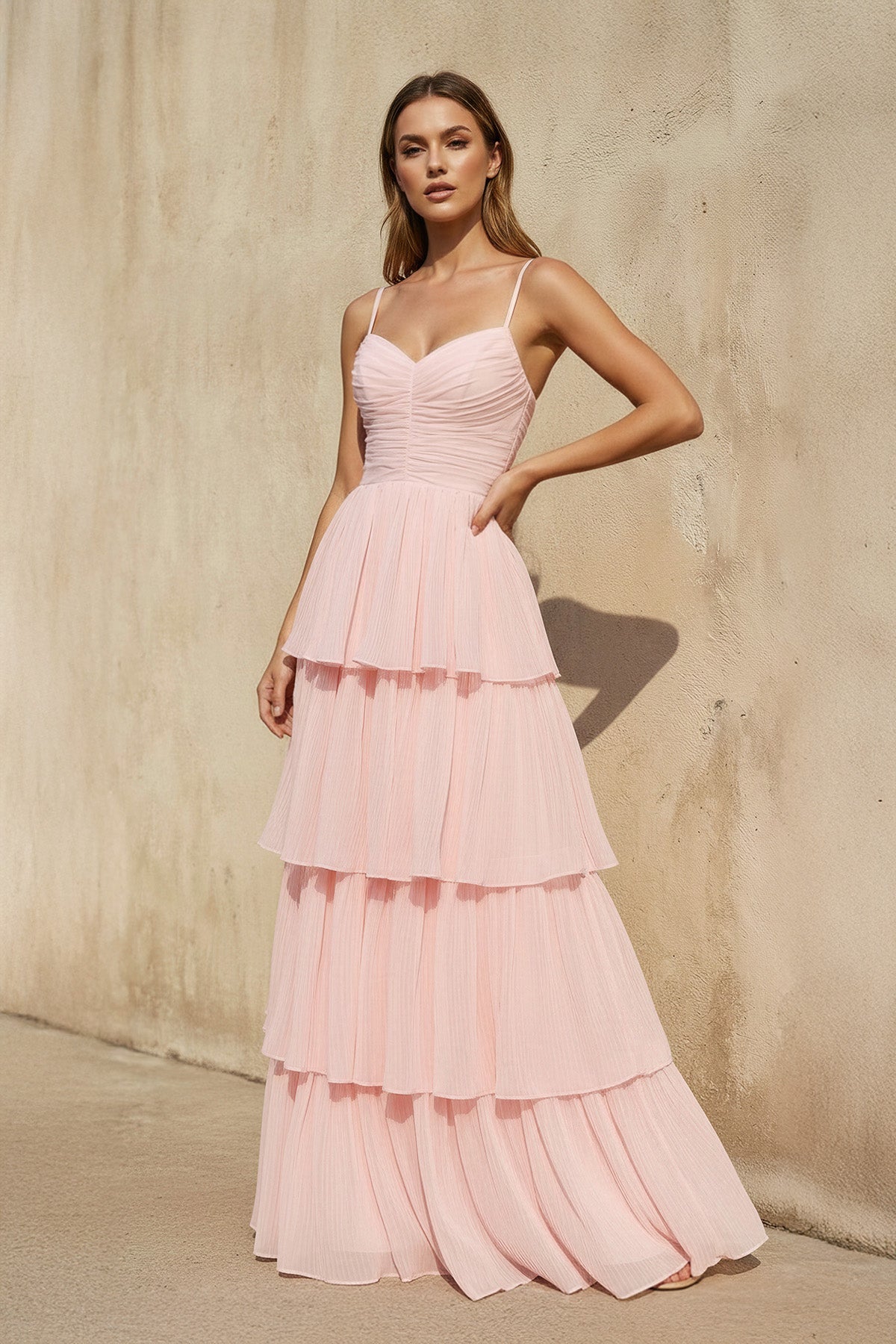 Spaghetti Straps Ruffled Gown in Blush