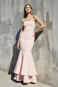Spaghetti Straps Ruffled Mermaid Maxi Dress in Blush Pink