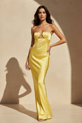 Spaghetti Straps Satin Cutout Maxi Dress in Yellow