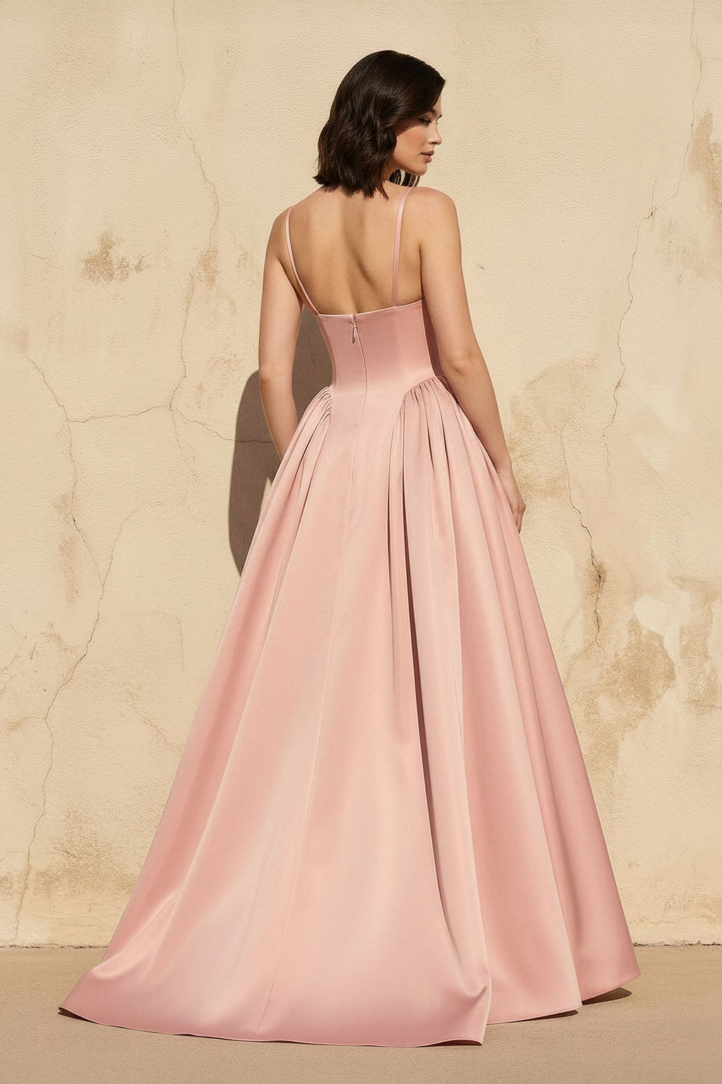 Spaghetti Straps Satin Gown in Rose Petal