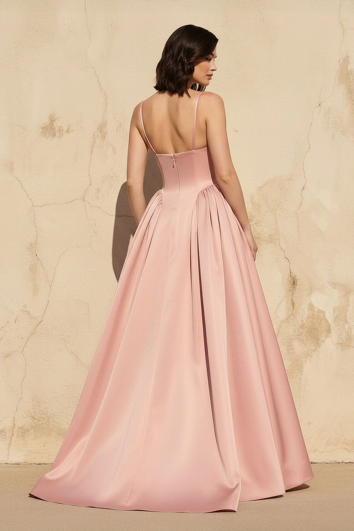 Spaghetti Straps Satin Gown in Rose Petal
