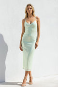Spaghetti Straps Sequins Open Back Midi Dress in Mint Green