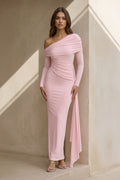 Spandex Ruched Maxi Dress with Drape in Pink