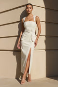 Square Neck Belted Midi Dress With Slit in White